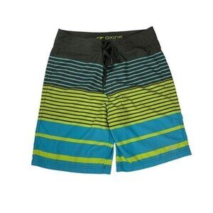 Oxide Green Blue Yellow Striped Swim Trunks Board Shorts Drawstring 32